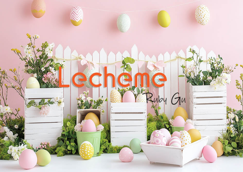 Avezano Easter White Picket Fence Eggs and Flowers Pink Photography Backdrop By Lecheme Ruby Gu F