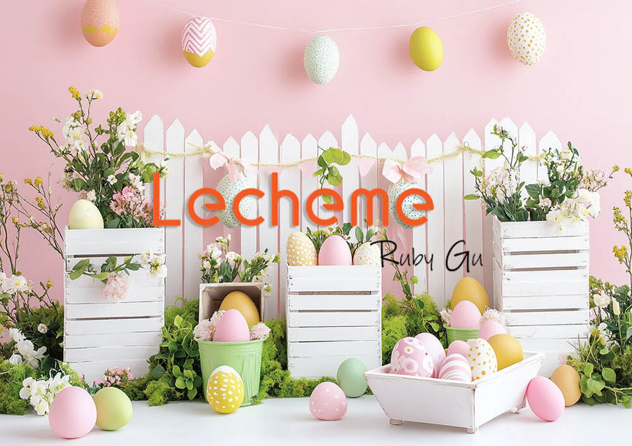 Avezano Easter White Picket Fence Eggs and Flowers Pink Photography Backdrop By Lecheme Ruby Gu F