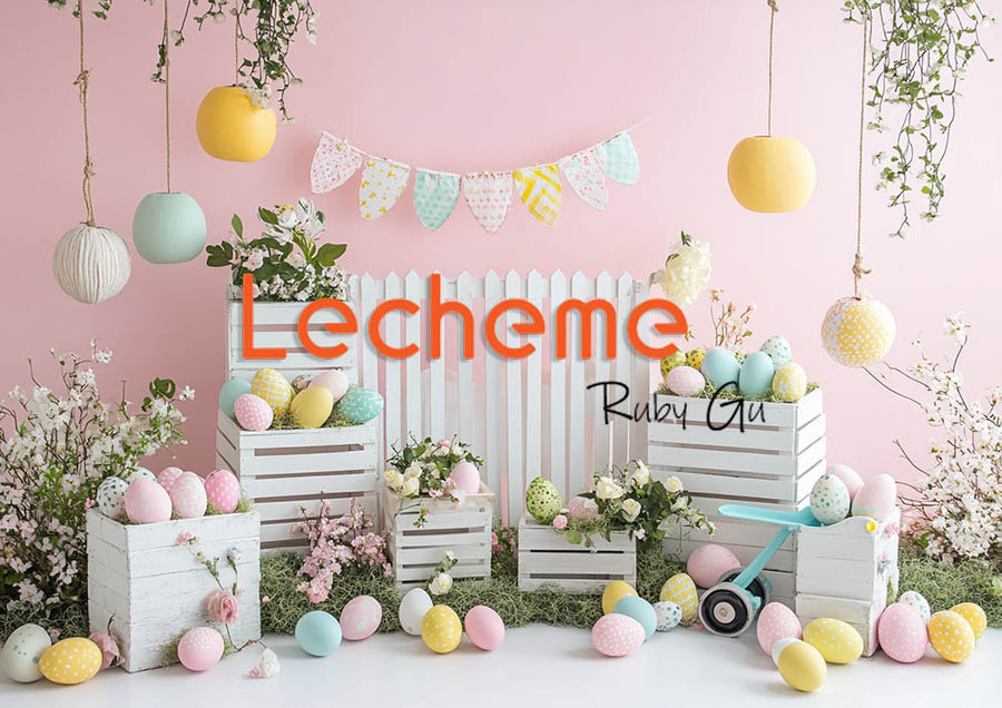 Avezano Easter White Picket Fence Eggs and Flowers Pink Photography Backdrop By Lecheme Ruby Gu G