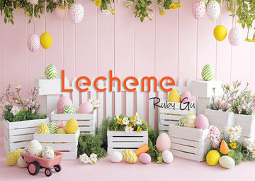 Avezano Easter White Picket Fence Eggs and Flowers Pink Photography Backdrop By Lecheme Ruby Gu H