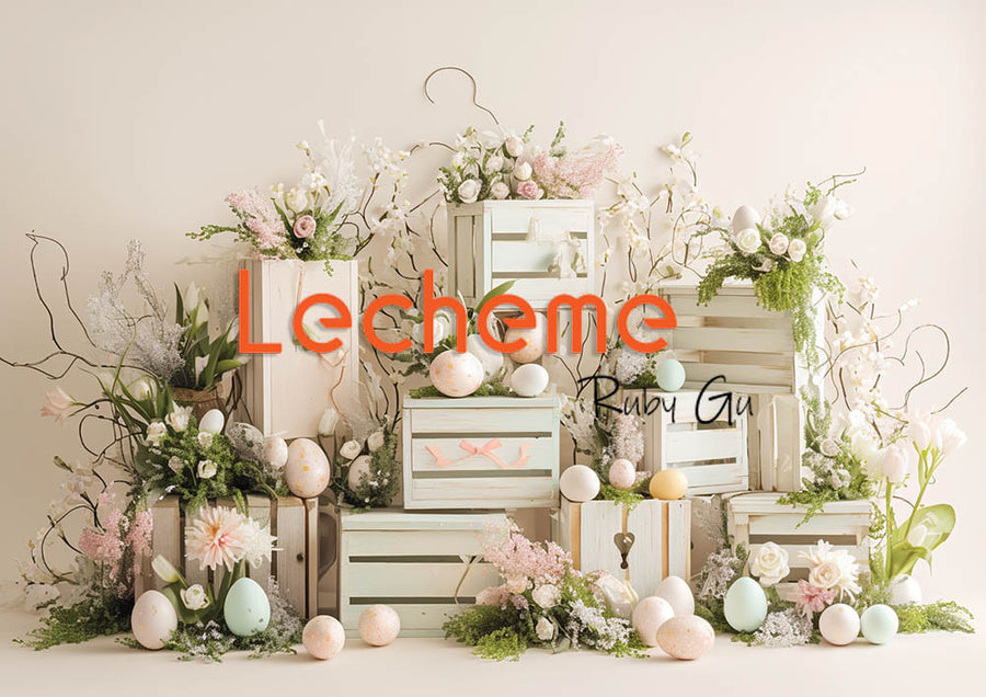 Avezano Easter White Picket Fence Eggs and Flowers White Photography Backdrop By Lecheme Ruby Gu A