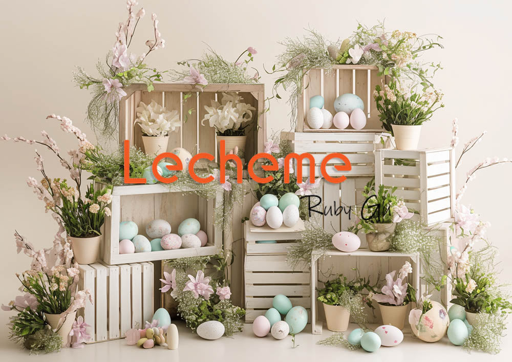 Avezano Easter White Picket Fence Eggs and Flowers White Photography Backdrop By Lecheme Ruby Gu B