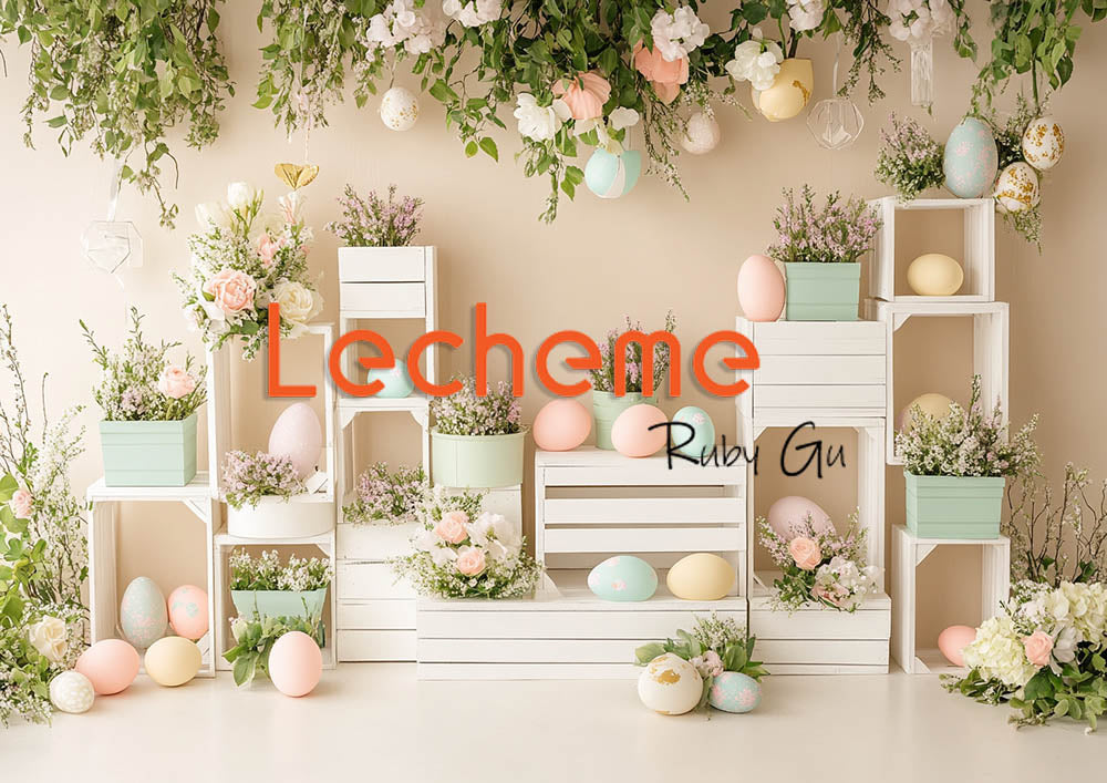 Avezano Easter White Picket Fence Eggs and Flowers White Photography Backdrop By Lecheme Ruby Gu E