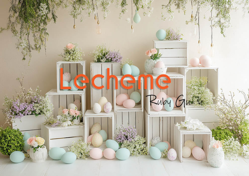 Avezano Easter White Picket Fence Eggs and Flowers White Photography Backdrop By Lecheme Ruby Gu F