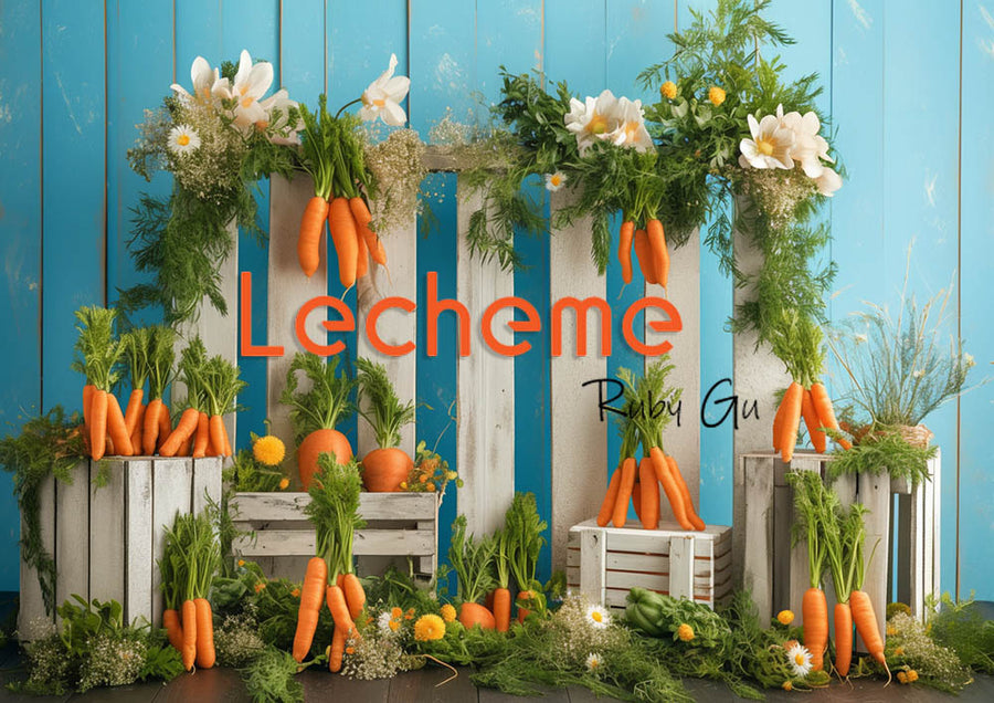 Avezano Spring Rural Life Fence Carrots and Flowers Blue Photography Backdrop By Lecheme Ruby Gu L