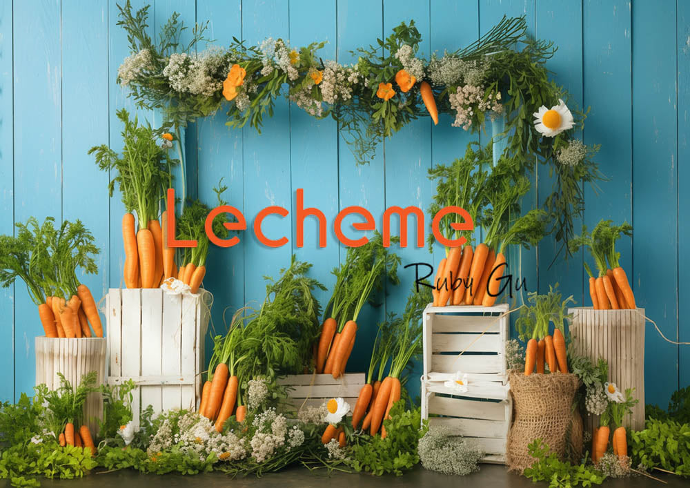 Avezano Spring Rural Life Fence Carrots and Flowers Blue Photography Backdrop By Lecheme Ruby Gu N