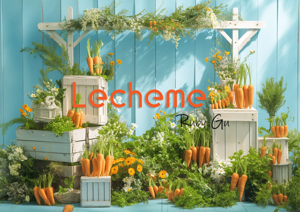 Avezano Spring Rural Life Fence Carrots and Flowers Blue Photography Backdrop By Lecheme Ruby Gu O