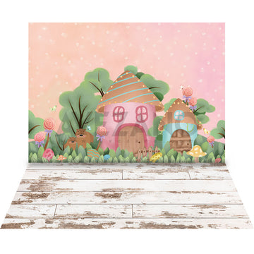 Avezano Pink House Bear 2 pcs Set Backdrop-AVEZANO