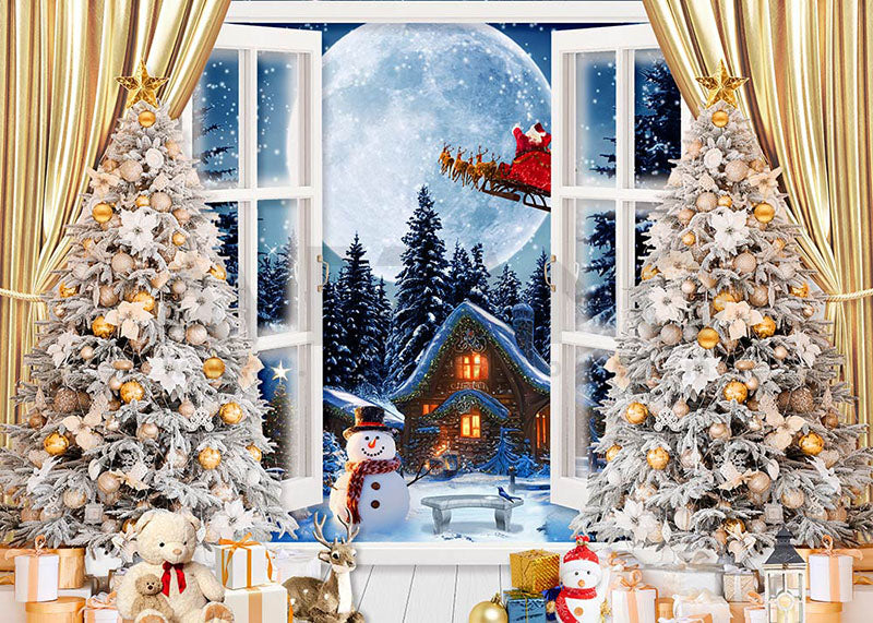 Avezano Window Christmas Tree and Santa Claus Photography Backdrop