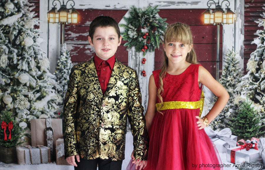 Avezano Christmas Snowy Red Wooden Door Backdrop For Photography-AVEZANO