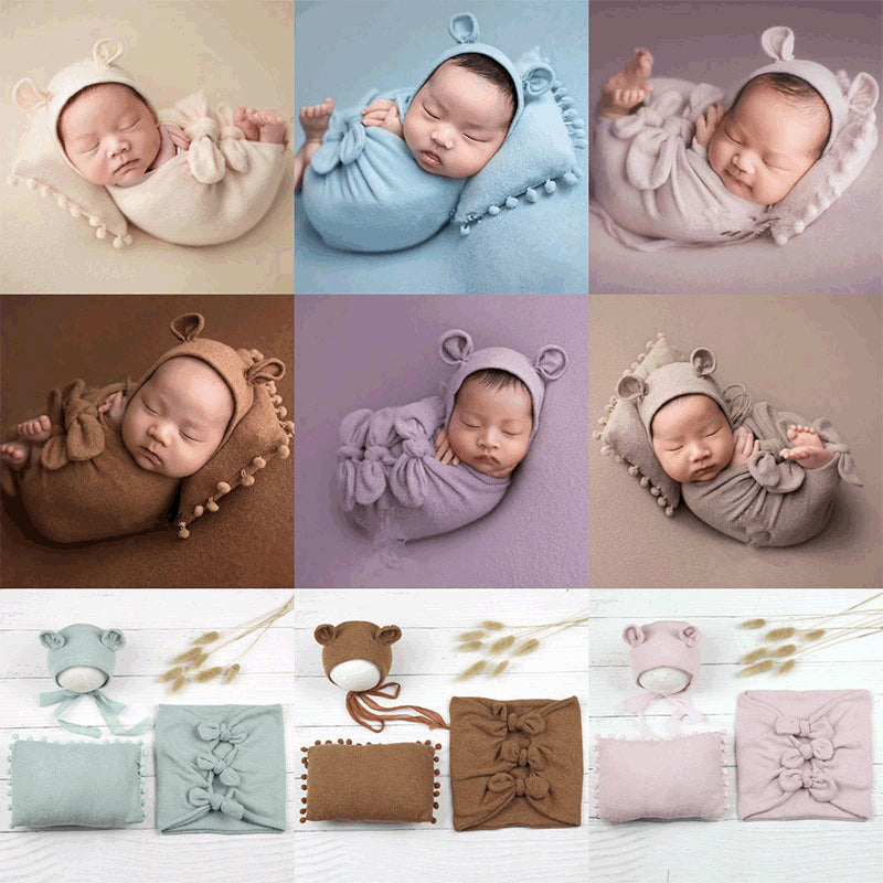 Avezano Newborn Photograpy Props Soft Wraps + Rectangular Pillow+Woolen Hat Three Piece Set