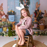 Avezano Easter Blue Wooden Door and Rabbit Photography Backdrop