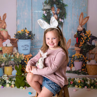 Avezano Easter Blue Wooden Door and Rabbit Photography Backdrop