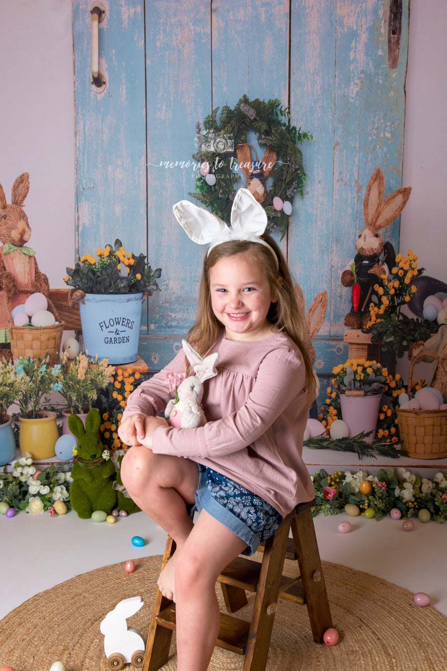 Avezano Easter Blue Wooden Door and Rabbit Photography Backdrop