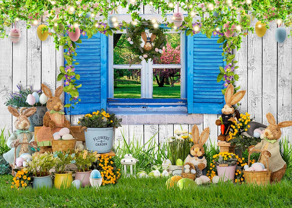 Avezano Spring Easter Egg Blue Window Photography Backdrop-AVEZANO