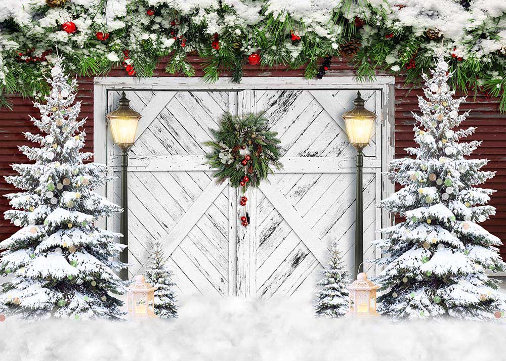 Avezano Christmas Snow White Wooden Door Backdrop For Photography-AVEZANO