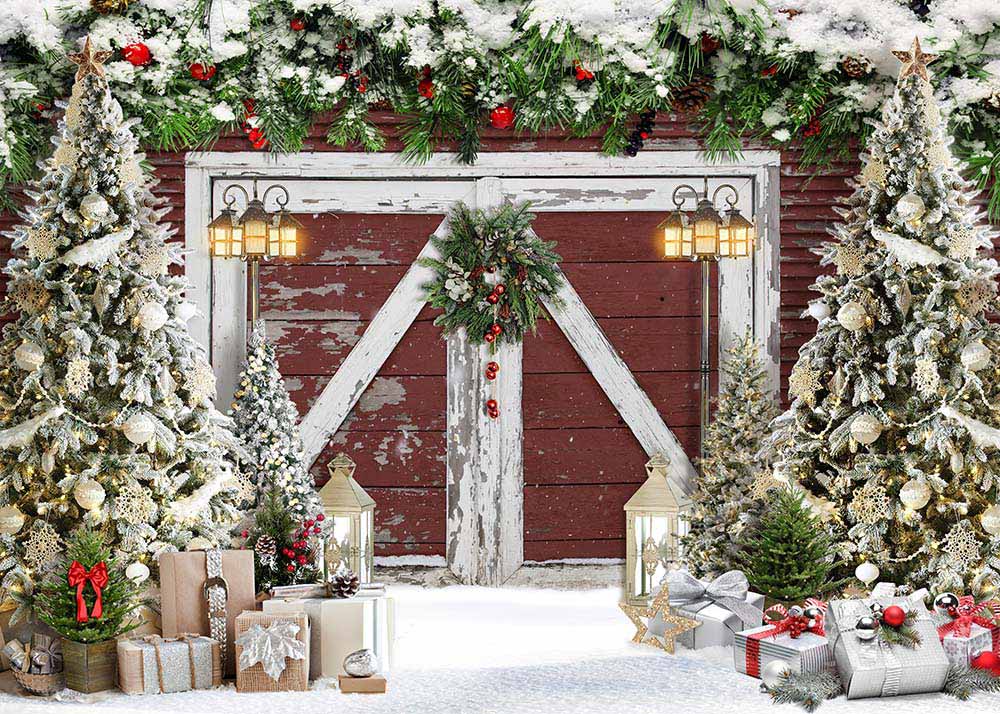 Avezano Christmas Snowy Red Wooden Door Backdrop For Photography