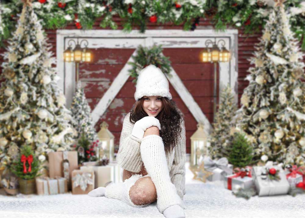 Avezano Christmas Snowy Red Wooden Door Backdrop For Photography