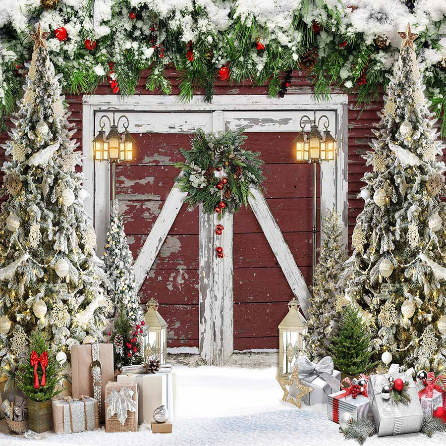 Avezano Christmas Snowy Red Wooden Door Backdrop For Photography