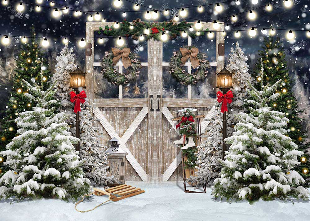 Avezano Wooden Door and Christmas Tree Photography Backdrop holiday