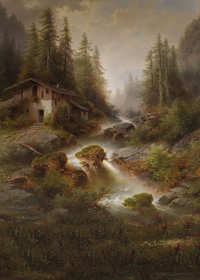 Avezano Small House by the Stream Oil Painting Style Photography Backdrop-AVEZANO