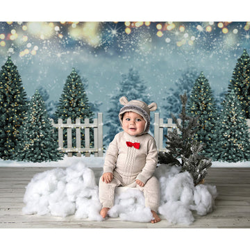 Avezano Snowy Christmas Trees and Fence Photography Backdrop-AVEZANO