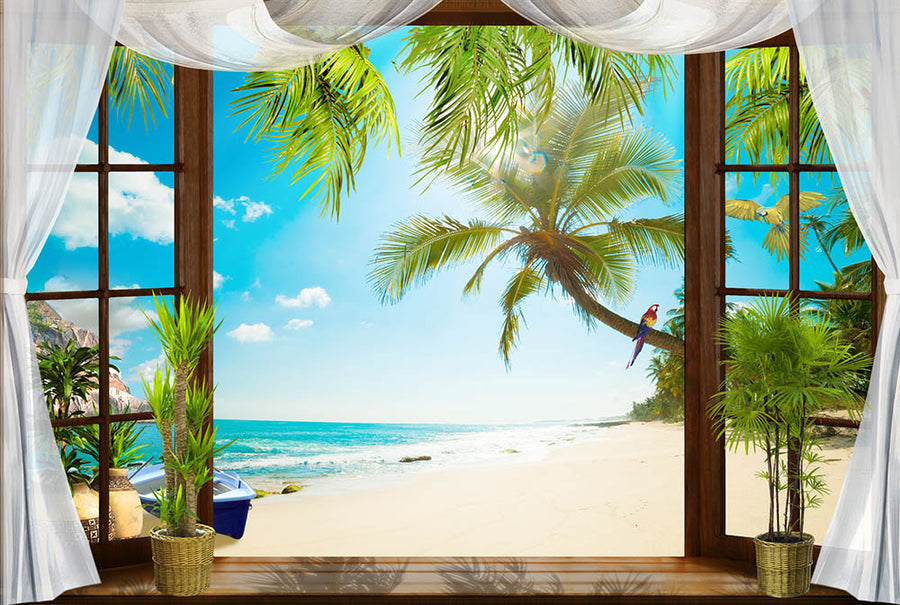 Avezano Beach With Coconut Trees Outside The Window In Summer Backdrop-AVEZANO