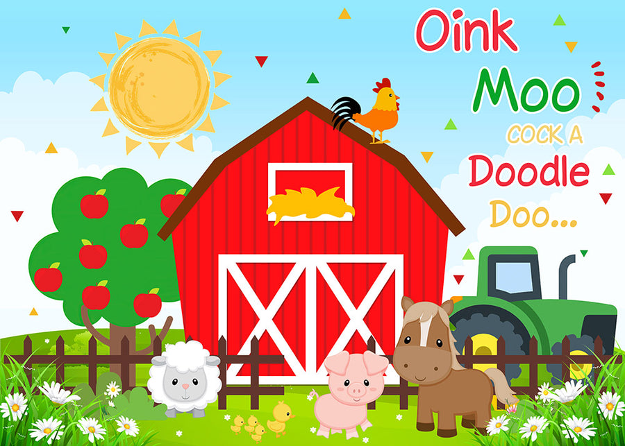 Avezano Cartoon Animals Red Barn Ranch Photography Backdrop For Children-AVEZANO