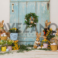 Avezano Easter Blue Wooden Door and Rabbit Photography Backdrop