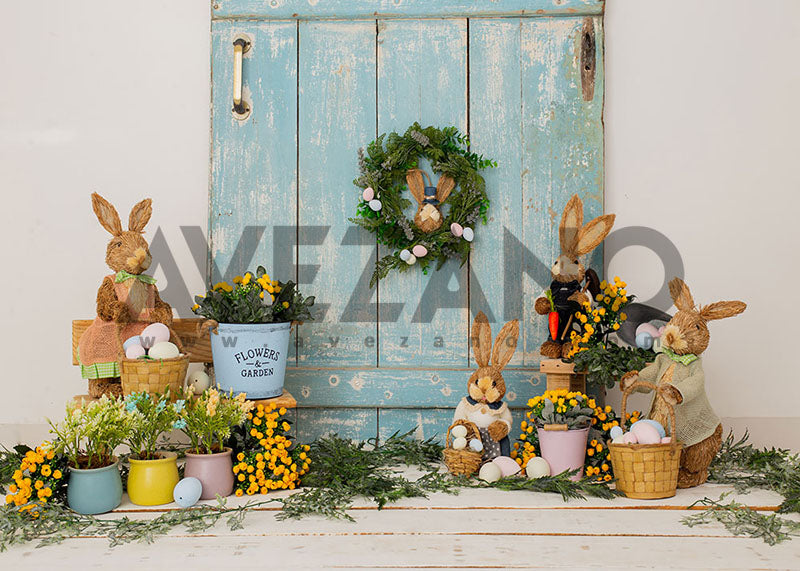 Avezano Easter Blue Wooden Door and Rabbit Photography Backdrop