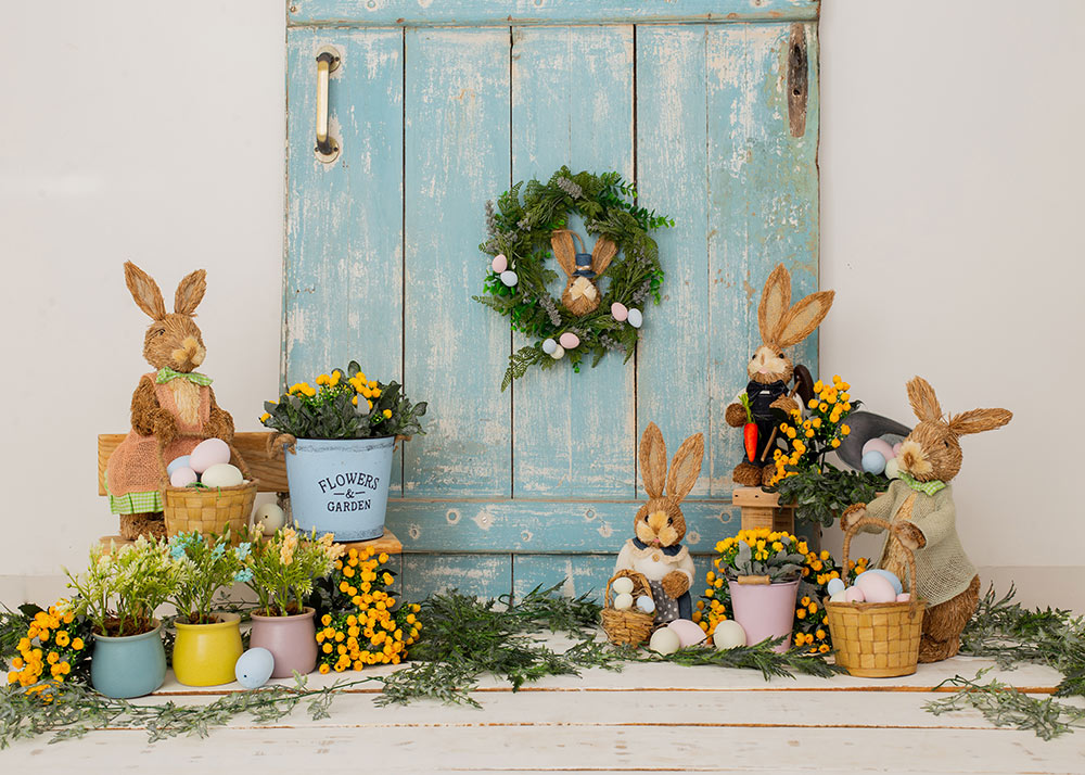 Avezano Easter Blue Wooden Door and Wreath 2 pcs Set Backdrop