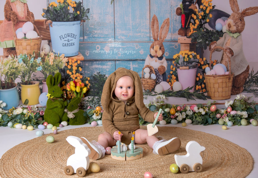 Avezano Easter Blue Wooden Door and Rabbit Photography Backdrop-AVEZANO