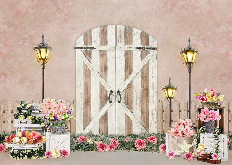 Avezano Pink Wall and Flowers in Spring 2 pcs Set Backdrop