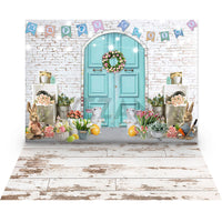 Avezano Easter Themed Blue Door and Banner 2 pcs Set Backdrop-AVEZANO