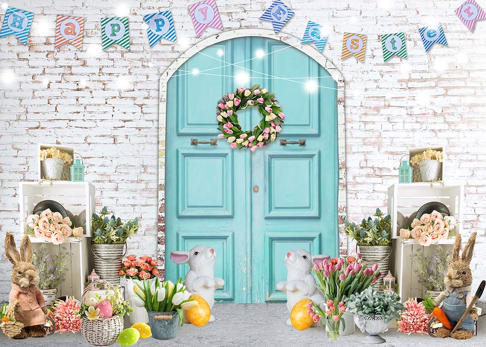 Avezano Easter Themed Blue Door and Banner 2 pcs Set Backdrop