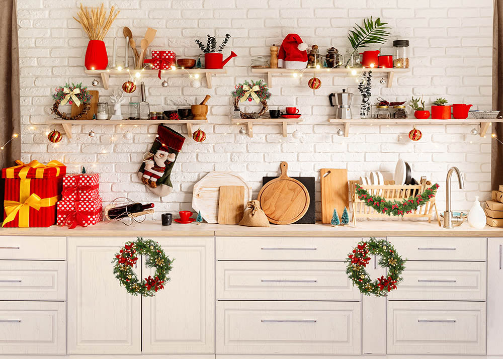 Avezano White Kitchen Christmas Decoration Photography Backdrop-AVEZANO