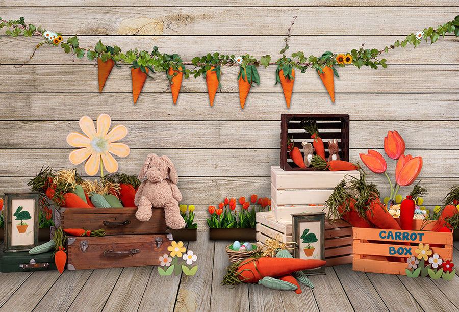 Avezano Wooden Wall Easter Bunny & Carrots Spring Photography Backdrop-AVEZANO